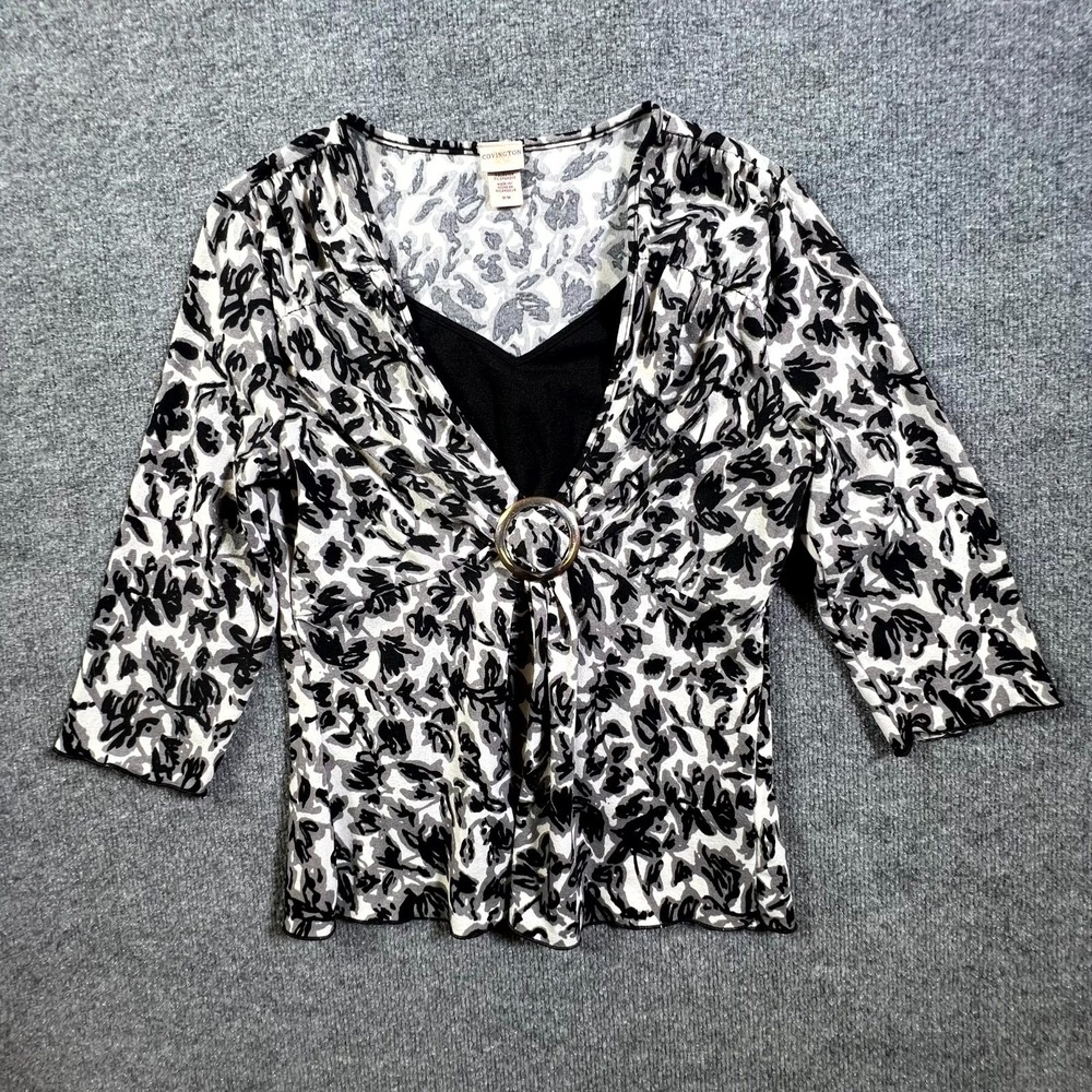 Covington Blouse Top Womens M Black Floral Preppy Business Stretch 3/4 Sleeve